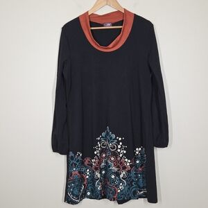 Coline Black Printed A-Line Long Sleeve Dress Boho Festival Hippie Artsy XL